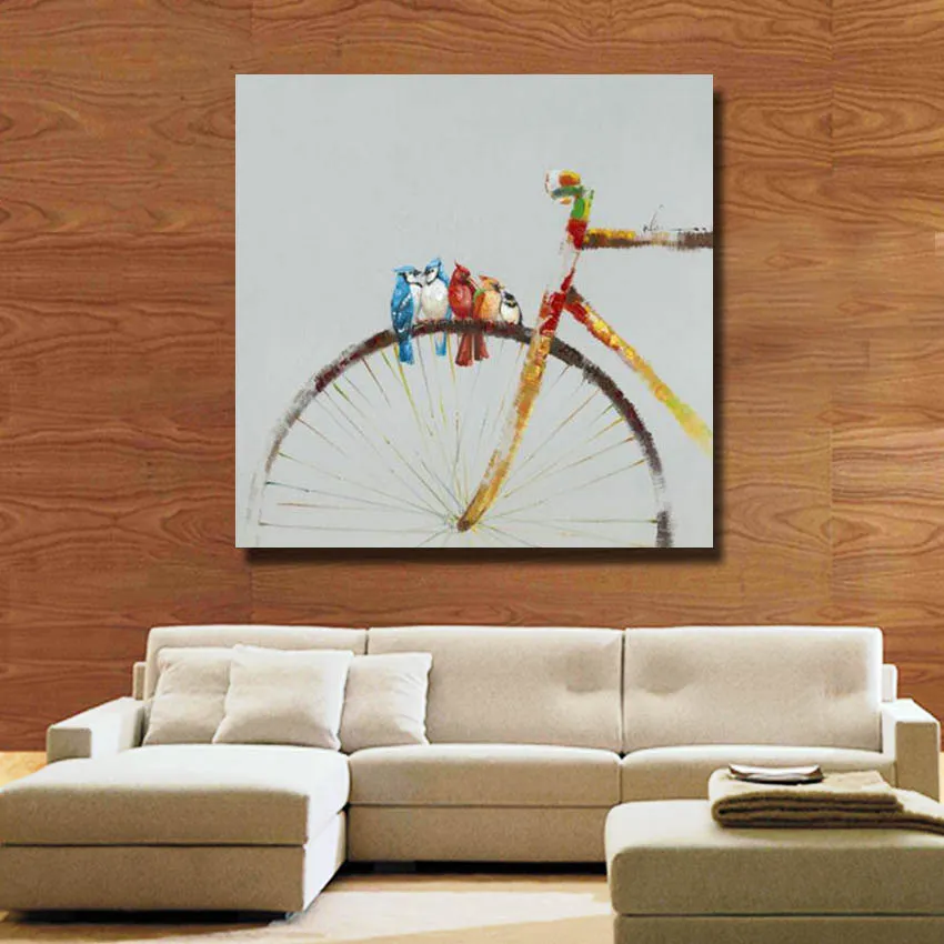 Hot Sale Oil Painting Birds on the Bicycle Pictures Modern Canvas Wall Art Home Decor Living Room Wall Pictures 1 Peices No framed