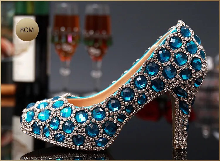 2016 wunderschöne blaue Homecoming-Schuhe für Mädchen mit hohen Absätzen, 14 cm, 12 cm, 10 cm, Bling-Bling-Kristalle, Hochzeitsschuhe für Bräute, Brautparty-Schuhe