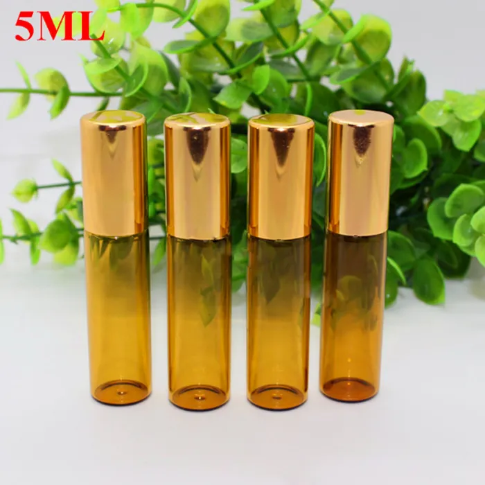 Mini rollo de vidrio ámbar marrón de 5ml en botellas de Perfume de aceite esencial con bola de rodillo de acero inoxidable y tapa dorada al por mayor 1100 unids/lote