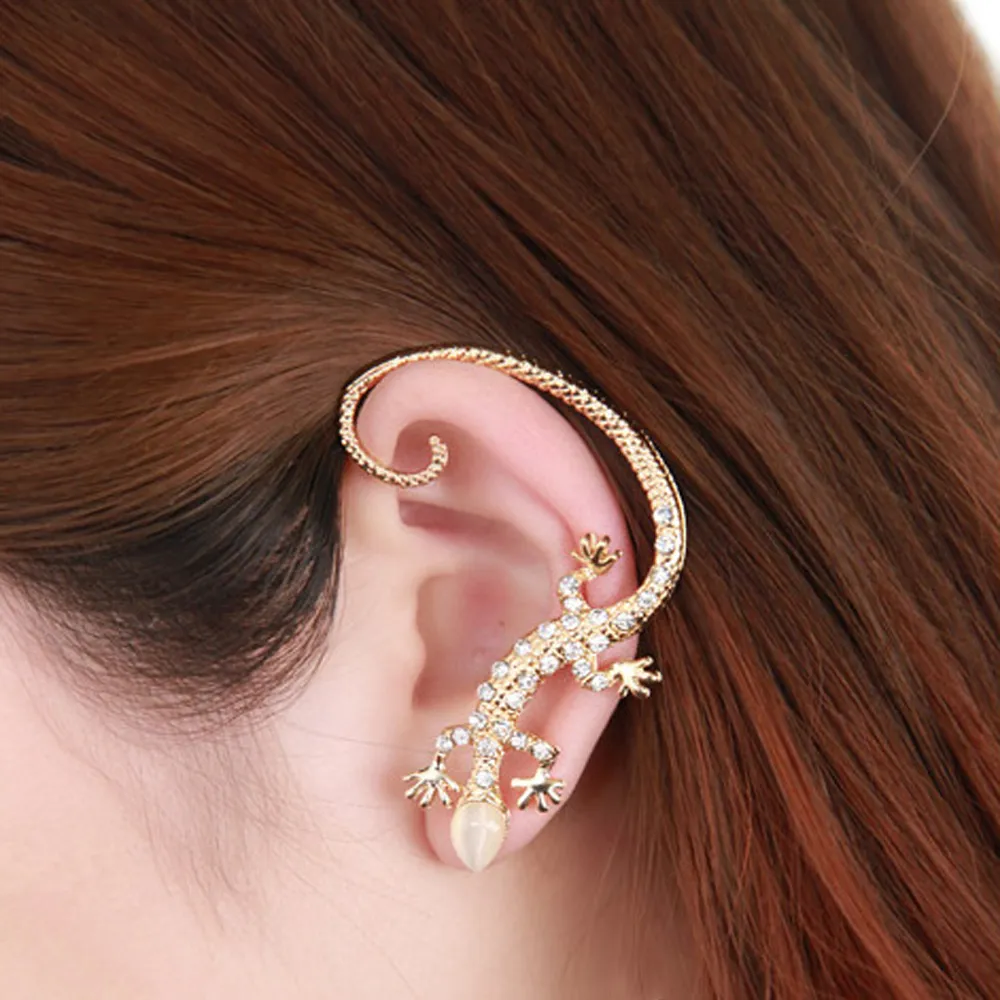 Earcuff mode öron manschett rhinestone örhängen gyllene silver pläterade ödla stud örhängen super söt kristallklämma på örhängen för kvinnor smycken