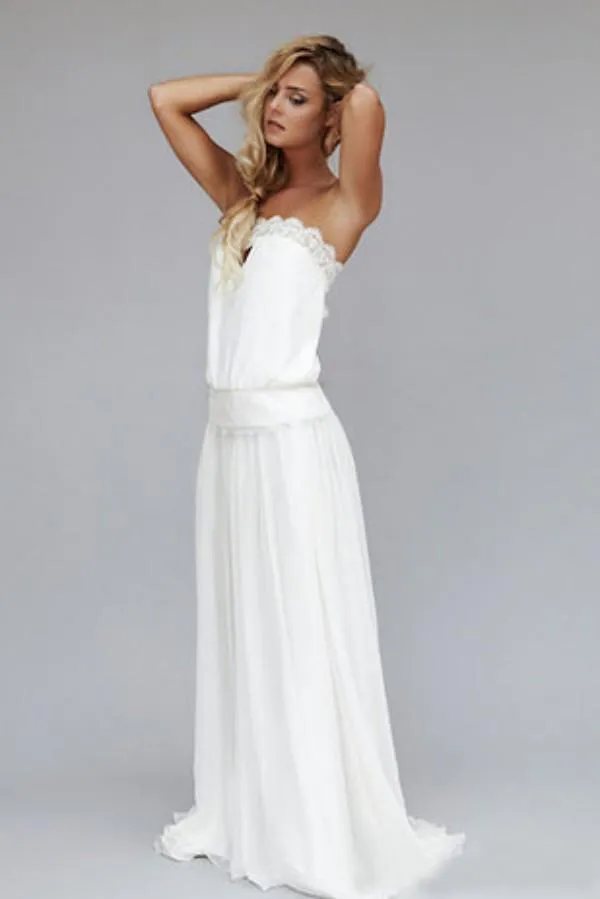 Vintage Chiffon Beach Wedding Boho Wedding Dress with Strapless Lace Ribbon, Dropped Waist, and Backless - Customizable 1920s Boho Bridal Gown (EN4151