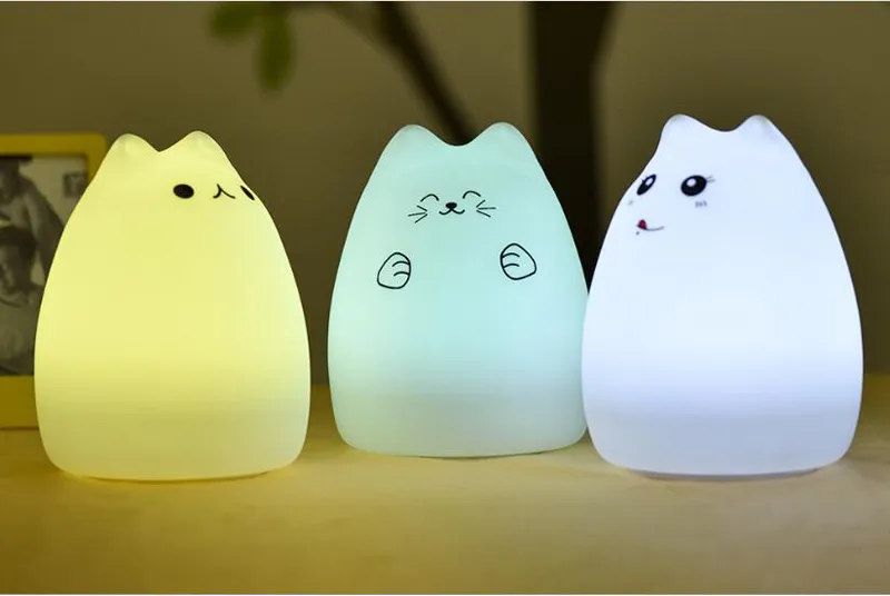 Silicone Animal USB Rechargeable Portable LED Children Night Lights 7-Color Breathing Dual Light Colorful Cute Cat Kids Bedside Lamp for baby room