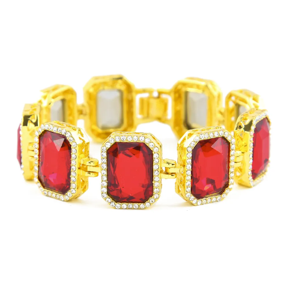 Mężczyźni Iced Out Red Blue Blue Ruby Bransoletka Hip Hop Gold Color Bransoletki dla kobiet Mężczyzn