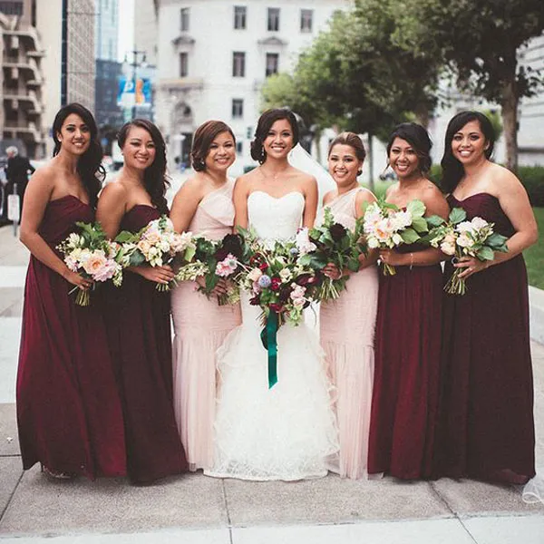 Damas de honra do vintage vestidos longos formal clássico Querida Ruched Chiffon Comprimento Borgonha Borgonha Vermelho Vermelho Vestidos Baratos de Alta Qualidade