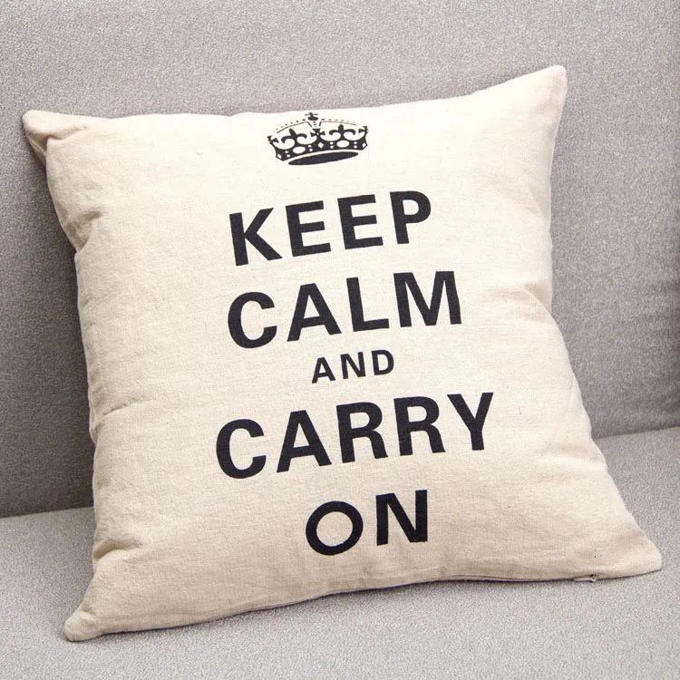 Impresionante funda de almohada con estampado de corona, decoración del hogar, funda de cojín con corona mezclada de lino y algodón, funda de almohada con estampado de "Keep Calm And Carry On", color negro y blanco