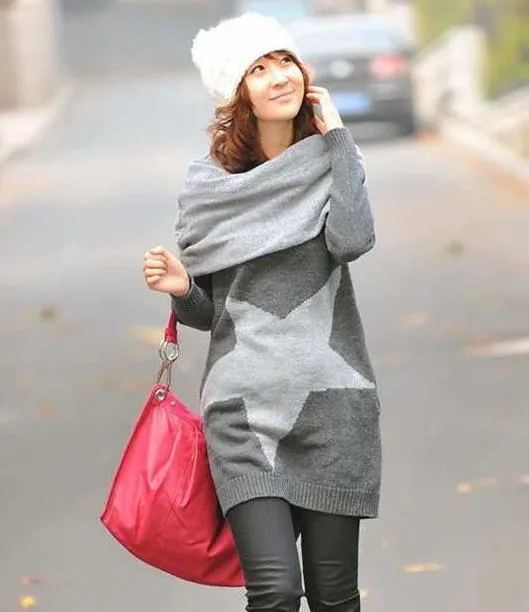 Autumn Winter Women Knitwear Sweater O-neck Big Five-pointed Star Long Tops Pullovers Sweater + Neck Warmers Gray
