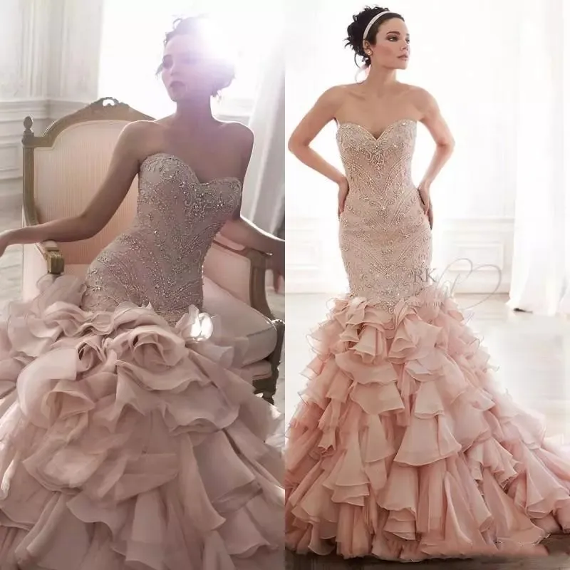 Lüks Mermaid Gelinlik Ücretsiz Kargo Allık Pembe Sevgiliye Boyun Kristal Boncuk Custom Made Ruffles Yüksek Kalite Gelinlik