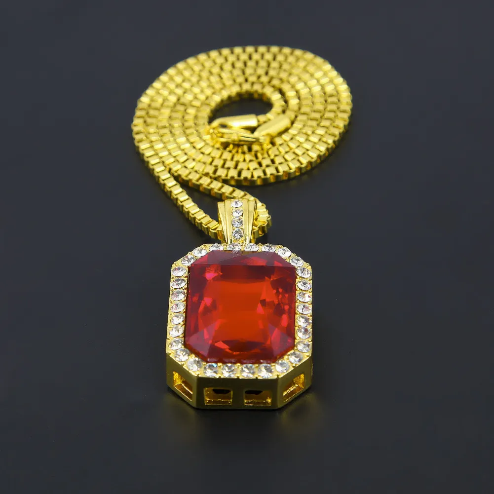 Mens Iced Out Pendant Halsband Faux Micro Ruby Onyx Clear Stone Hip Hop Pendant 24inch Chain Halsband