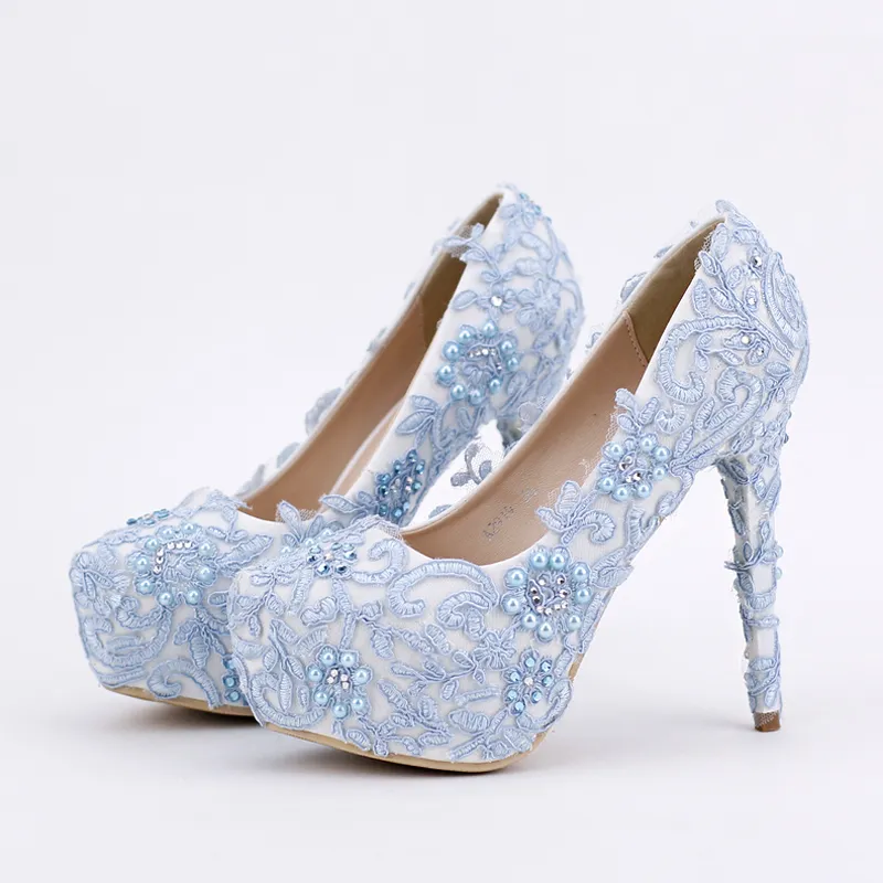 Sapatos de baile de renda azul feitos à mão com strass sapatos de noiva plataforma sapatos formais 5 5 polegadas confortáveis bombas de festa de casamento291w