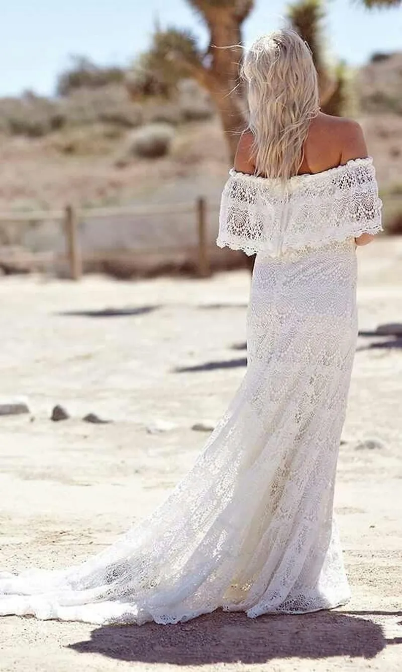 2016 Enkel Bohemian Lace Boho Bröllopsklänningar från axeln Billiga Beach Bridal Dresses Sweep Train Custom Made Bröllopsklänningar Vestidos