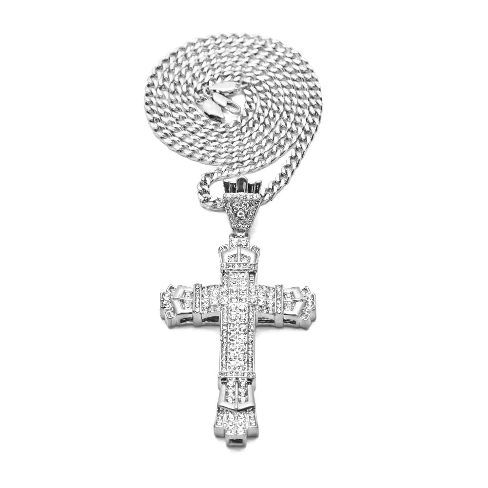 Zilveren Hip Hop Cross Charm Hanger Full Ice Out CZ Simulated Diamonds Catholic Crucifix Christian Hanger Ketting met lange Cubaanse ketting