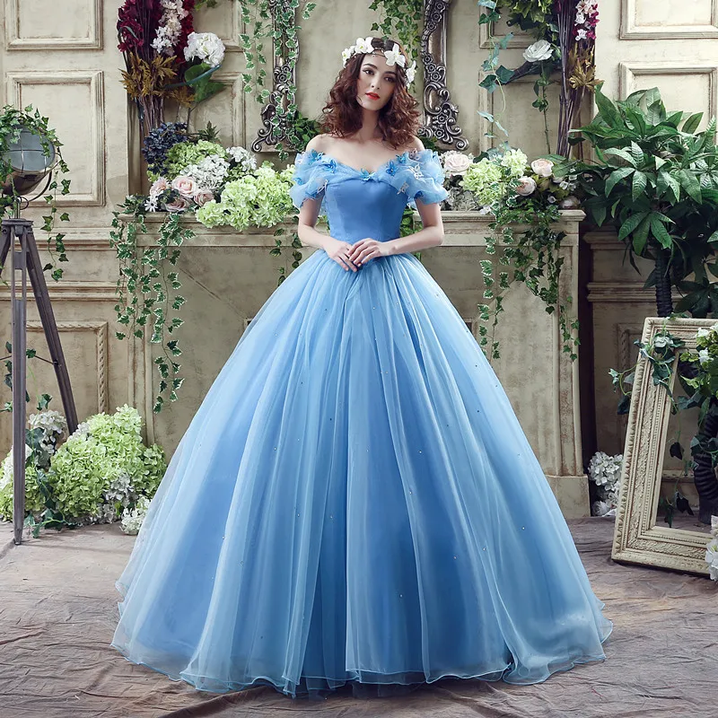 스카이 블루 Cinderella Quinceanera 드레스 공 가운 organza ruffles 구슬 달콤한 15 드레스 댄스 파티 가운 재고 2-16