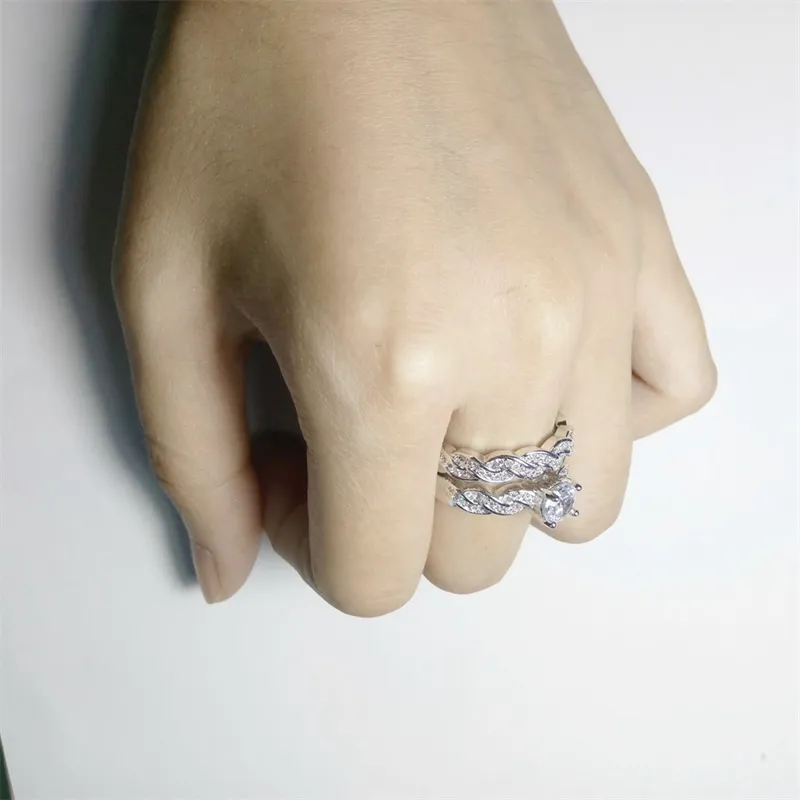 YHAMNI Fijne Sieraden Klassieke Marquise CZ Diamant 2 Ringen Sets Solid 925 Zilveren Band Trouwring Partij Sieraden Voor Vrouwen KR1273984746