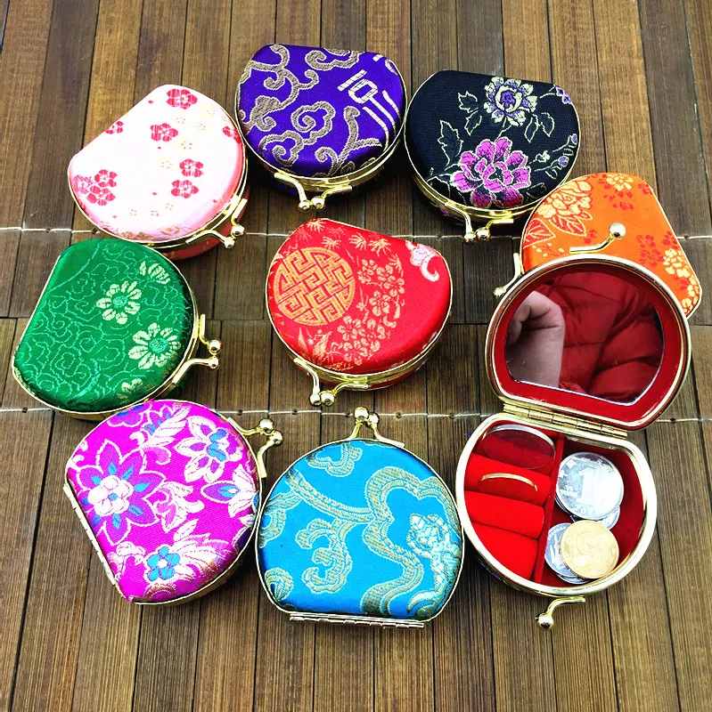 Mirrored Semicircle Small Box for Travel Jewelry Set Gift Box Multi Ring Necklace Storage Case Silk Brocade Colorful Metal Buckle Boxes