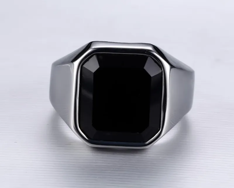 Anello da uomo in acciaio inossidabile con agata nera lucida alta Gioielli di moda Anelli Accessori Argento Misura 8-12258m