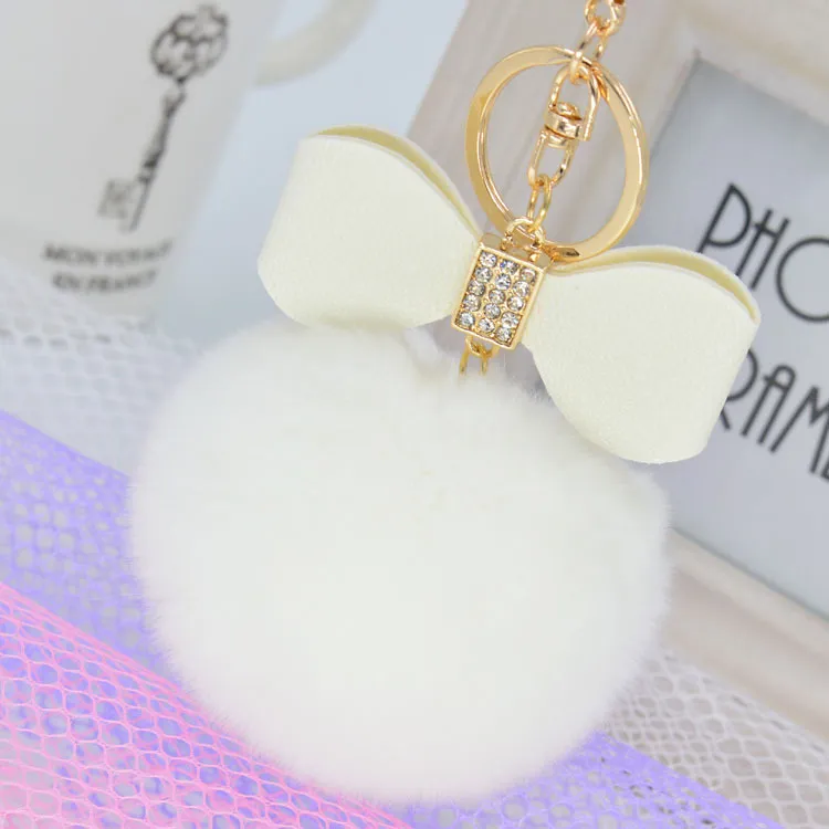 Bowknot Fur Pom Keychain Real REX Rabbit Fur Ball Key Chains Fur Key Ring Key Chain pour sac