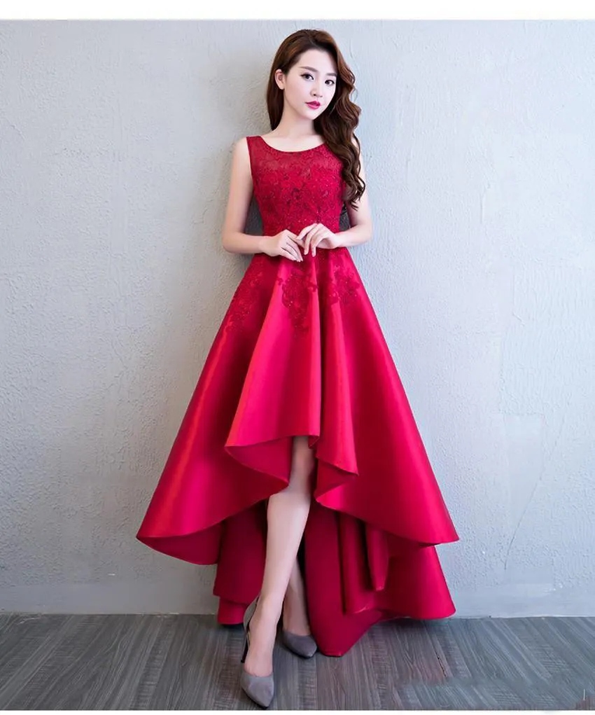 Burgundy High Low Cocktail Party Dresses 2019 Applique Satin Formal Evening For 16 Sweet Girls Skirt Cheap Prom Gowns354O