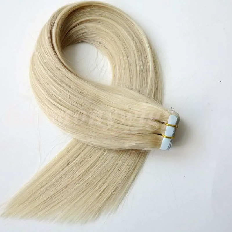 100g Bande dans les Extensions de Cheveux Droite Brésilienne Indienne cheveux humains Colle Peau Trame 18 20 22 24 pouces # 60A couleur