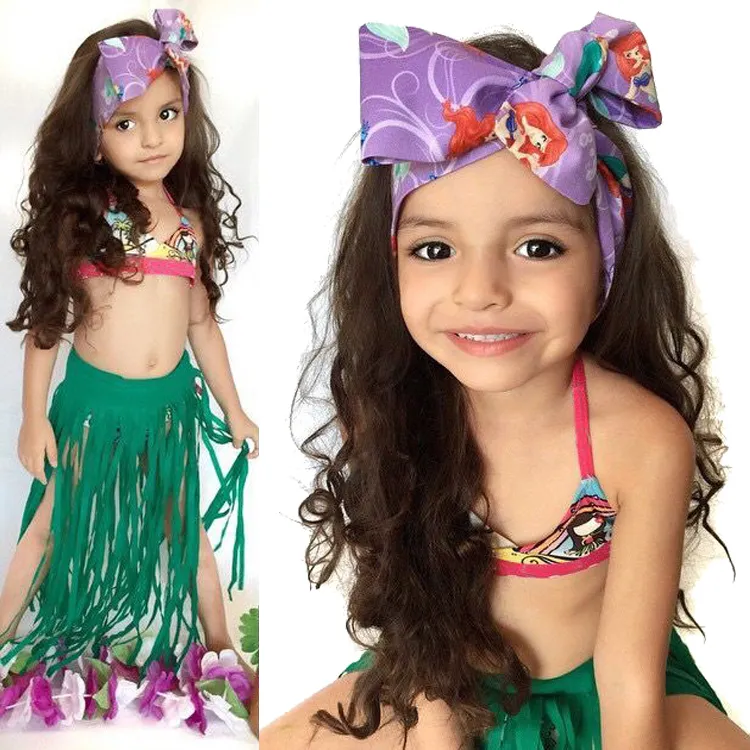 Prettybaby Kids Meninas Bikini Swimsuit Sol-Top + Calças + Tassel Saia 3 Pcs Set Suits Meninas Sereia Sereia Natação Banho Wear PT0390 # MI