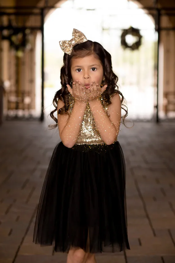 Abiti da bambina in tulle con paillettes in oro nero matrimoni Abiti da festa bambini Abiti da spettacolo ragazze scintillanti Lunghezza al ginocchio