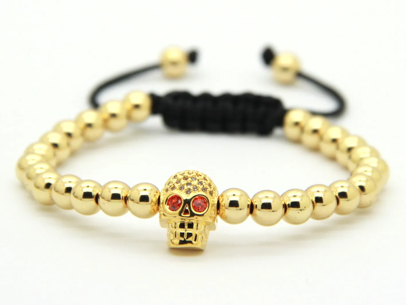 High Grade Jewelry Wholesale 6mm Real gold and White Gold-Plated Beads with Micro Zircon Inserts Skull Macrame Bracelets