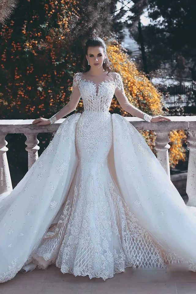 Attractive Tulle Mermaid Wedding Dress With Over-Skirt Long Sleeve Beads Lace Applique Bridal Dress Sexy Sheer Back Said Mhamad Wedding Gown
