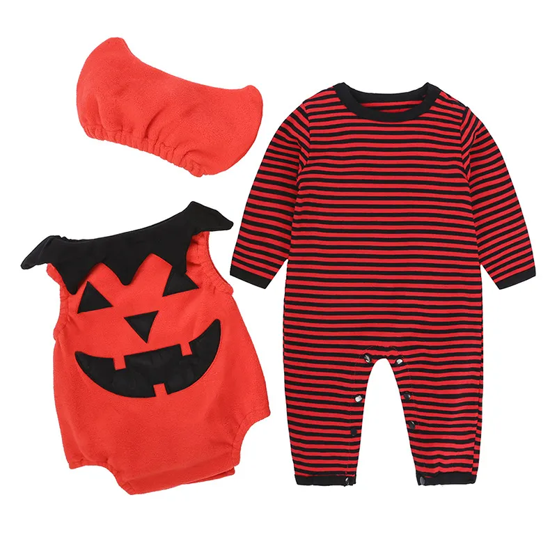 Halloween-Kleidungssets für Babys, Strampler + Weste + Hut, 3-teilig, Kürbis-Anzüge, Neugeborene, Baby-Kleidung, Säugling, Kinder, Overall, Kleinkind-Baby-Outfits