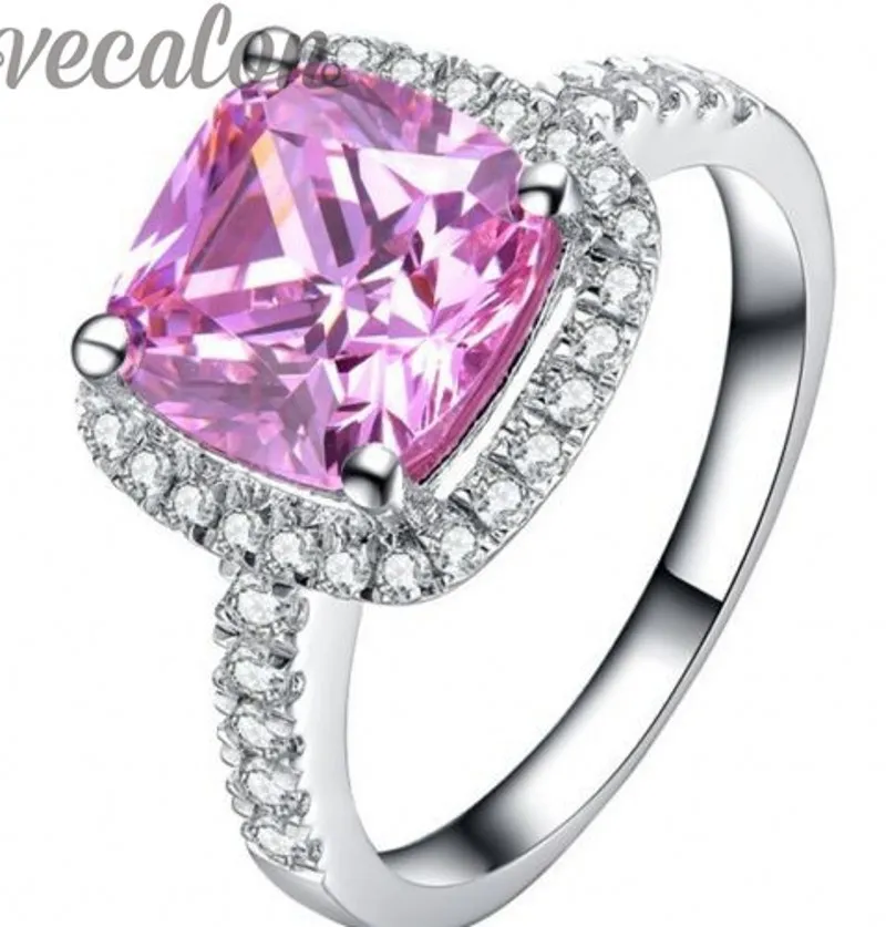 Vecalon 패션 반지 쿠션 컷 3CT 핑크 CZ 다이아몬드 약혼 결혼식 밴드 반지 여성용 925 스털링 실버 손가락 반지 R357