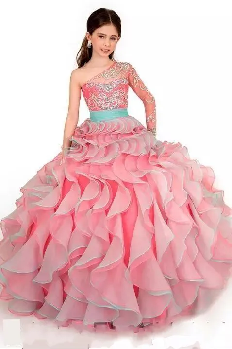 one shoulder floor llength ball gown crystal luxurious kids formal wear tireed skirt flower girl dresses little girl pageant dresses