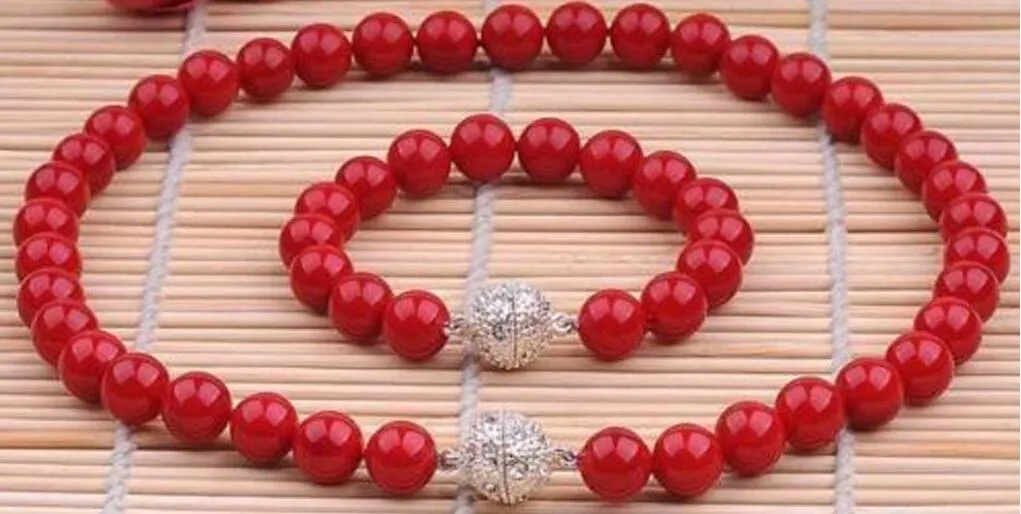 10 MM ECHTE KORALLE ROT SÜDSEE MUSCHEL PERLE HALSKETTE ARMBAND SCHMUCK SET 18''