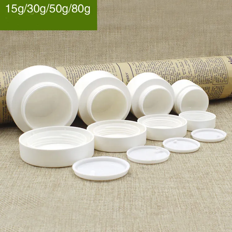 20 pz 30 g/50 g/80 g bianco barattoli di latta cosmetici vuoti campione vasetti di crema di plastica imballaggio cosmetico, contenitori di latta trucco display latta Mini bottiglia