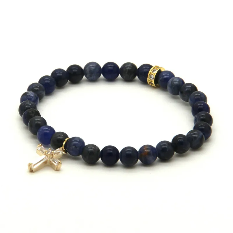 Partihandel Nya Sommarbandsmöjligheter 6mm Naturblå Vener Sten med Clear Zircons Loyal Cross CZ Beads Armband Bästa gåva