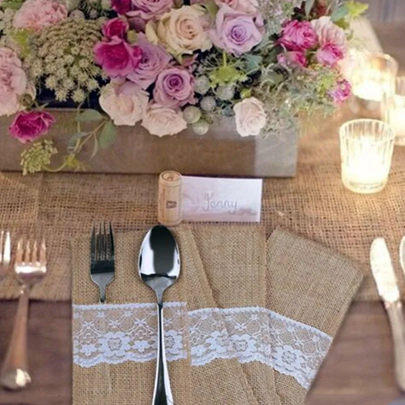 Koronki Burlap Sztućce Posiadacze Naczynie Naczynie Torba Pościel Vintage Heart Wedding Party Supplies Boże Narodzenie Naczynia Dekoracji Flatware