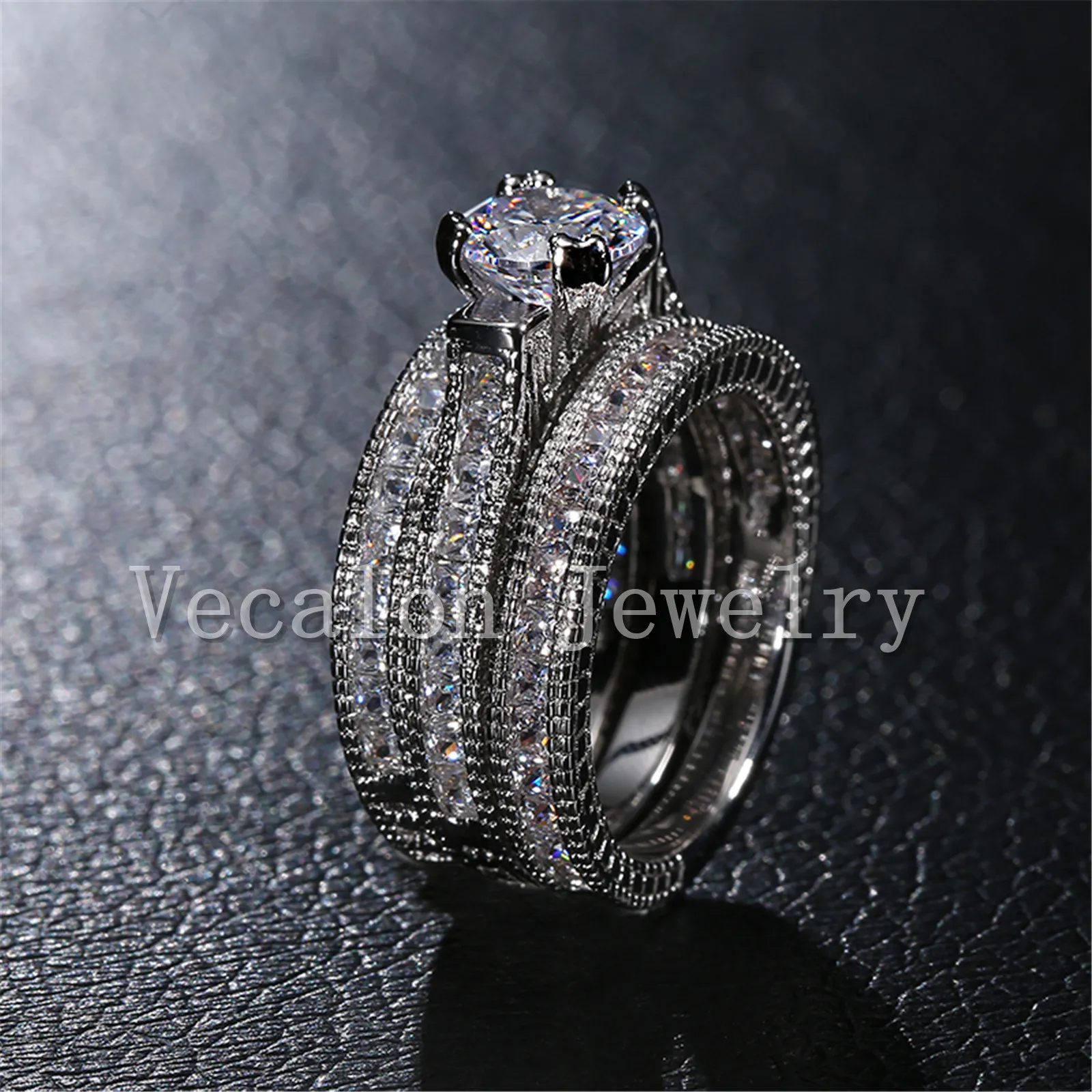 Vecalon Vintage ring 3ct Simulated diamond cz 14KT White Gold Filled 3-in-1 Engagement Wedding Band Ring Set for Women Sz 5-11