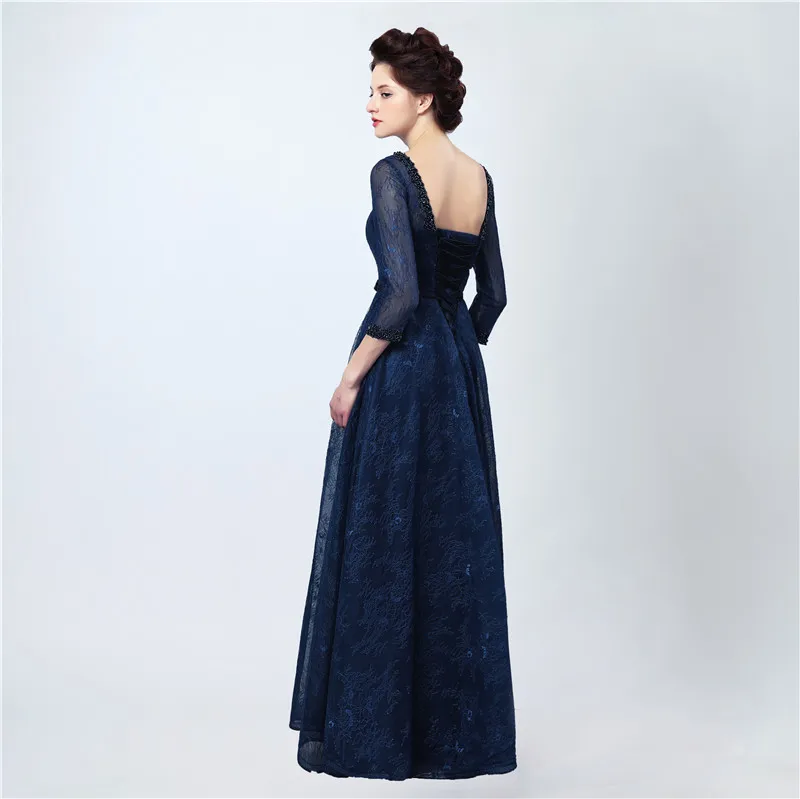 Sexy Long Evening Dress Vestidos Longos Para Formatura Dark Blue Elegant Lace Prom Dresses with Sleeves7401840