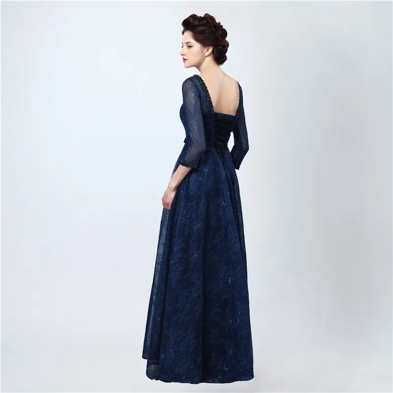 Robe de soirée longue Sexy, bleu foncé, élégante, en dentelle, robes de bal avec manches, 7401840