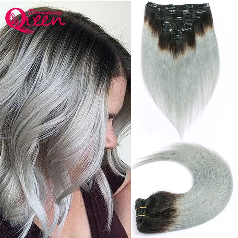 1B/Silver Grey Color Straight Human Hair Clip In Brazilian Ombre Brazilian Virgin Human Hair Extensions 7 Pcs/Set 120g Clips