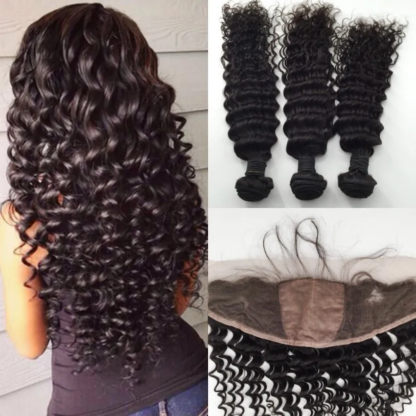 Brazilian Deep Wave Silk Base Frontal Closure with bundles ,Virgin Human Hair bundles With Frontal silk base with 3 bundles