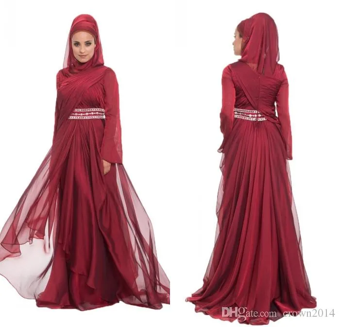 Burgundy Chiffon Formal Long Maxi Lace Appliques Evening Dresses With Hijab Long Sleeve 2022 Beaded Pleated Layered Ruffle Arabic Muslim Dre