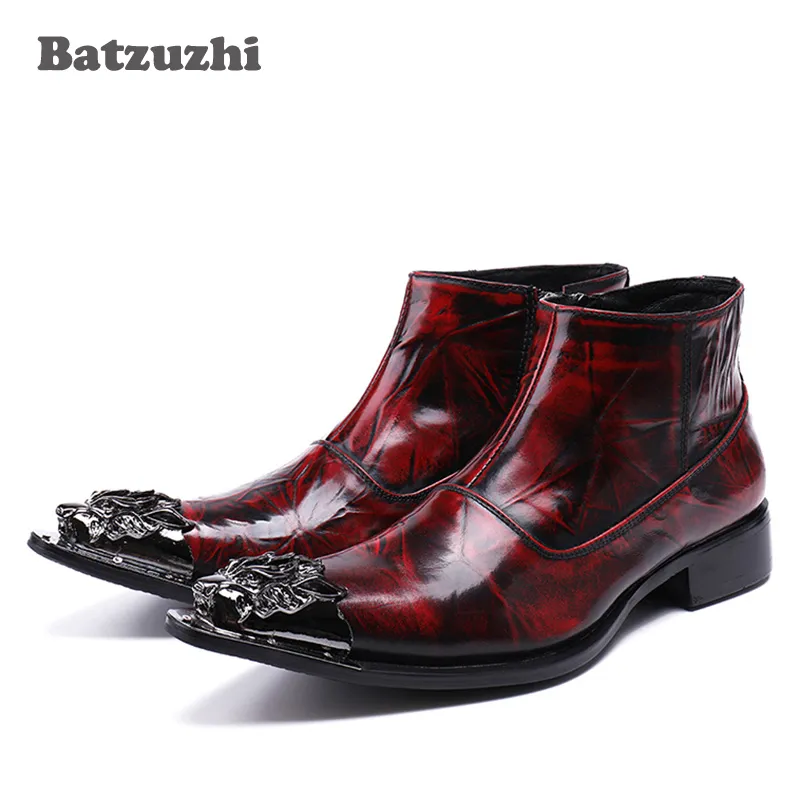 2018 New Rock Japanese tyle 패션 맨즈 부츠 zapatos de hombre 뾰족한 토 레드 와인 럭셔리 남성 드레스 부츠 신발 가죽, 빅 사이즈 38-46