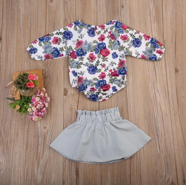 Nouveau-né bébé filles vêtements ensemble fleur barboteuse + nœud jupe 2 pièces bébé ensemble coréen filles vêtements enfants automne vêtements ensembles Boutique