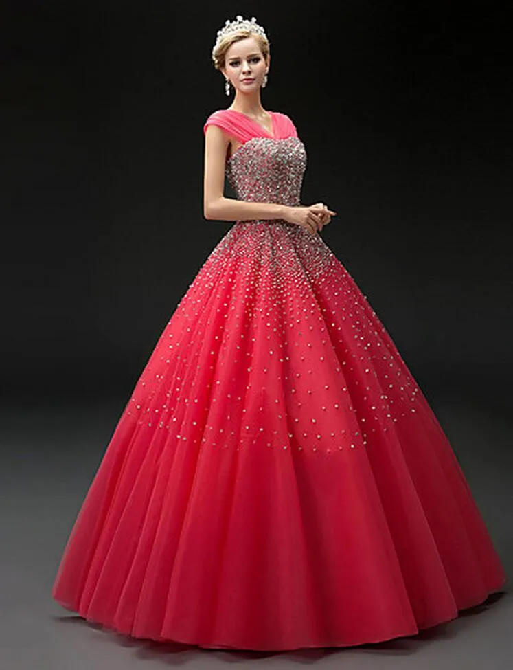 Sweet 16 Dress Watermelon Beading Sequins Quinceanera Dresses Ball Gown Straps Vestido de Festa Long-up Long Tulle Formell Prom Crows