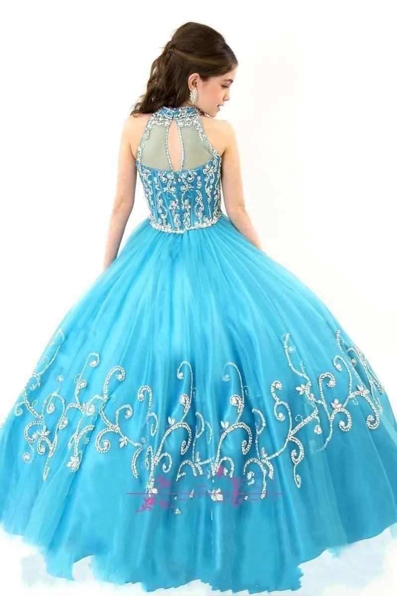 2019 New RACHEL ALLAN Girls Pageant Dresses Sheer High Neck Beaded Crystal Sleeveless Ball Gown Turquoise Tulle Flower Girl Dresses 153