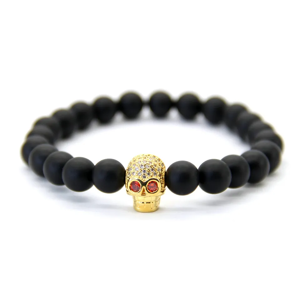 Hot Sale Retail Mens Jewelry 8mm Natural Stone Beads with Micro Inlay Zircon Skull Bracelets