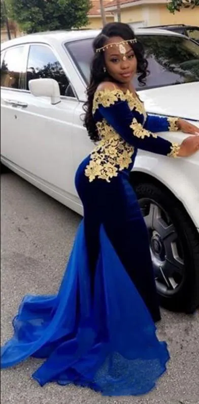 Dark Royal Blue And Gold Applique Prom Dresses Africa Off Shoulder Long Sleeves Evening Dresses Special Design Mermaid Tail Party Gowns