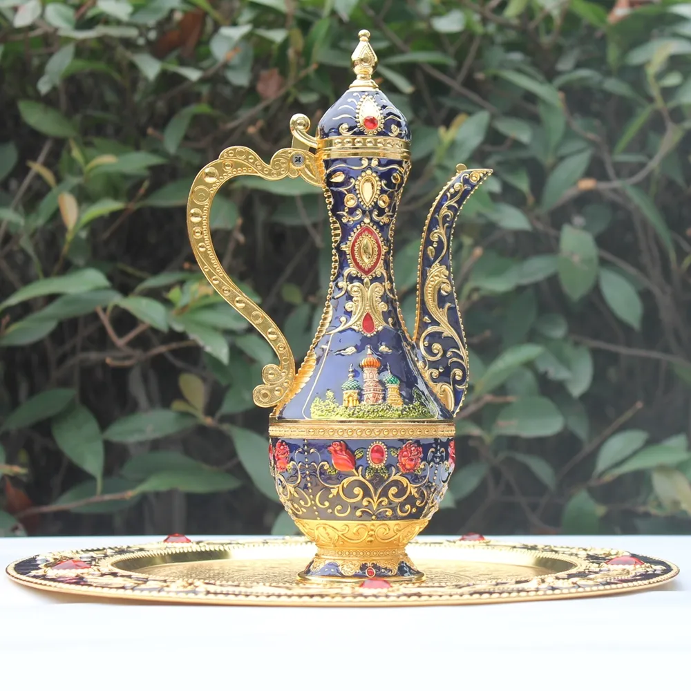 Golden Castle Pattern Metal Wine Set Fashion Zinc Alloy Tea Set Home Decoration = 1 plate+ 1 pot +6 cups