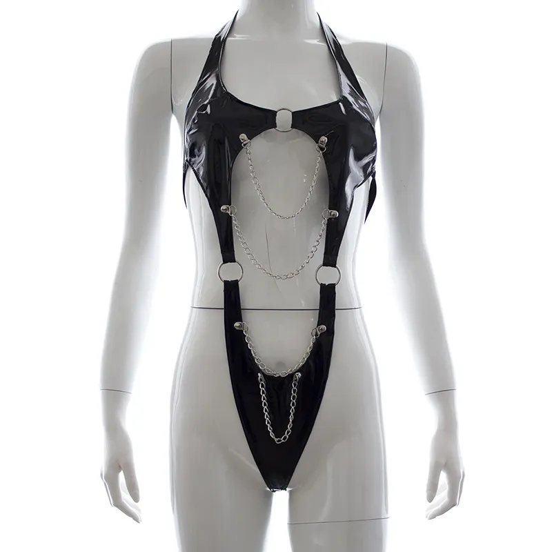 Kvinnor Patent Läder Bodysuit Tassel Kedjor Harness Sexig Hollow Out Underkläder T-Back Leotard Punk Gothic Clubwear