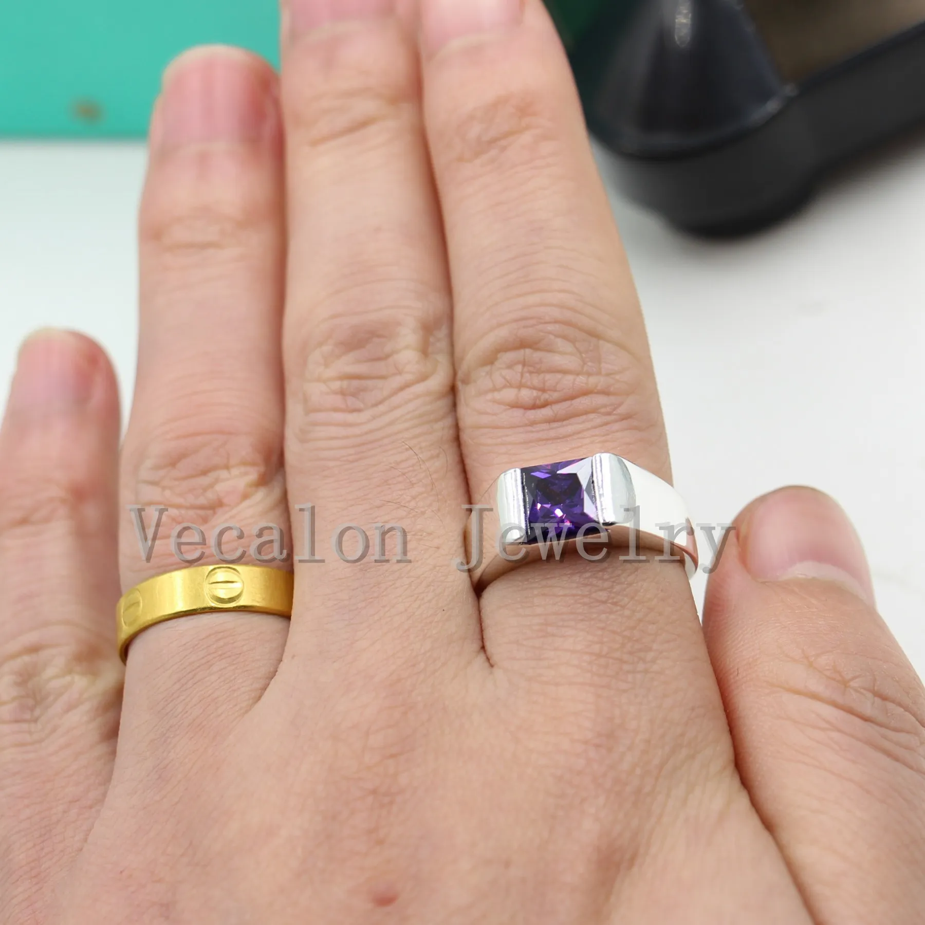 Vecalon Male Smycken Princess Cut 4ct Amethyst CZ 925 Sterling Silver Engagement Bröllop Band Ring för män SZ 8-12