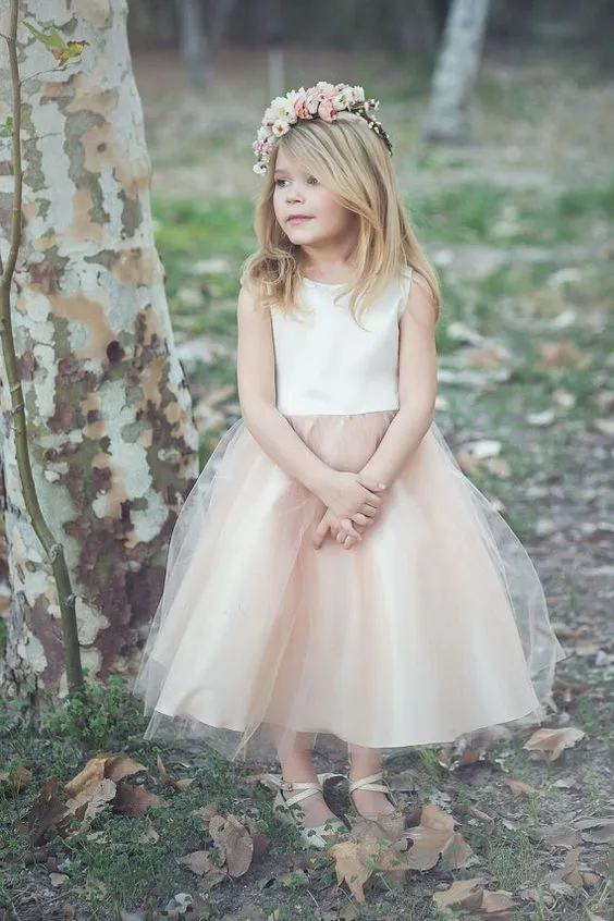 Boho 2016 Ivory Blush Pink Tafetán Vestidos de niñas de flores para bodas Joya barata Longitud de té Vestido de fiesta de cumpleaños por encargo China EN9288