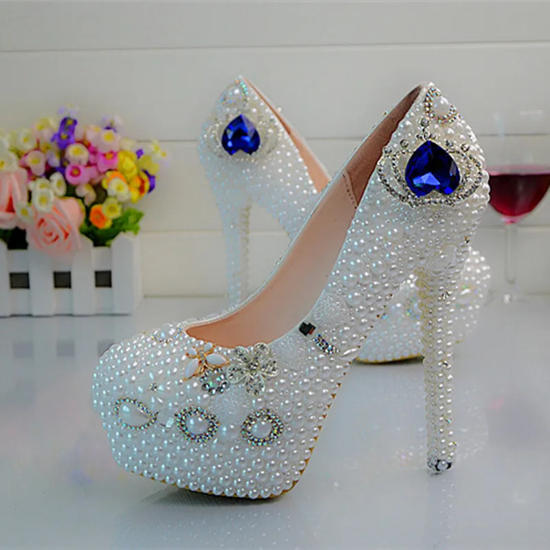 Blanc perle bleu cristal chaussures à talons hauts femmes nouveau concepteur à la main chaussures de mariage couronne strass dame heureuse chaussures de bal